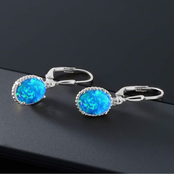 925 Sterling Silver with 1.12 Cttw Blue Opal Oval Leverback Hook Earrings - Picture 2 of 4
